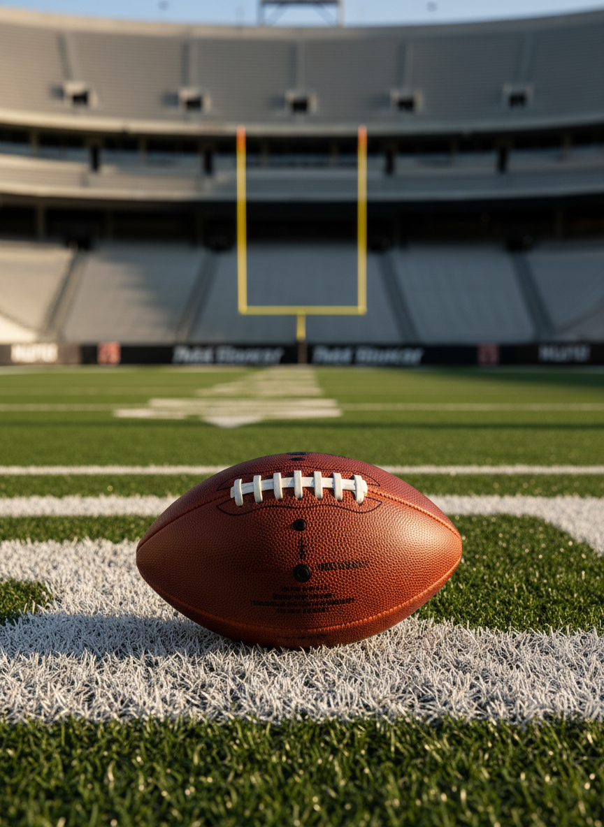 A close-up, photographic realism shot of an NFL game ball resting precisely on a bright white yard line at midfield of a modern outdoor stadium. The textured brown leather, pebbled surface, and tightly stitched laces are captured in sharp detail, with faint scuff marks suggesting recent play. In the background, the field markings, goalposts, and blurred stadium seating fade into a soft bokeh. Late afternoon natural light casts a gentle golden glow across the turf, creating crisp but subtle shadows. The composition uses a low sideline-level angle and shallow depth of field, emphasizing the ball as the central subject. The mood is professional, focused, and analytical, evoking the calm before kickoff and setting the tone for a site centered on NFL facts and stats.