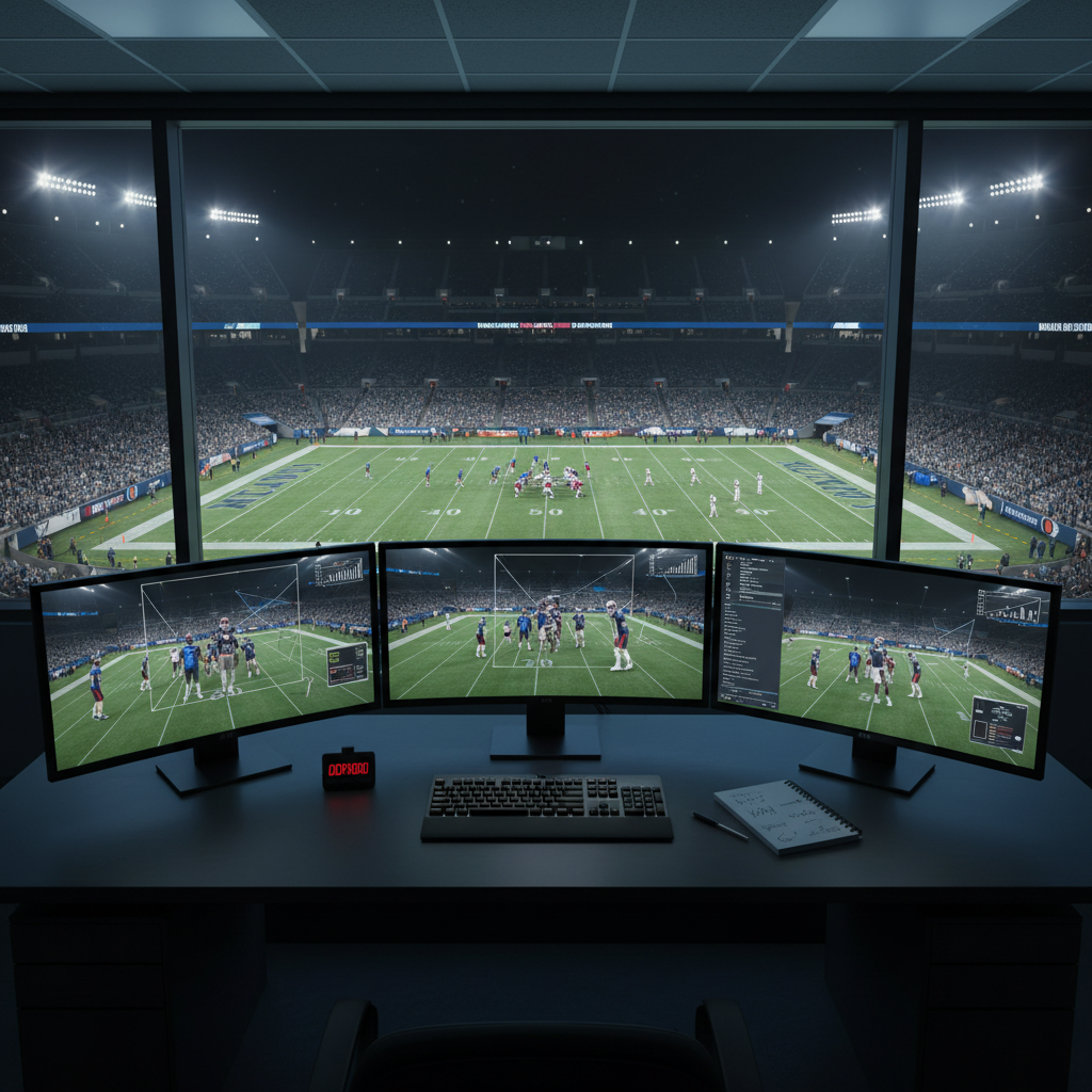A high-resolution, photographic realism image of a large video analysis workstation in a dim but focused control room overlooking an NFL stadium. Multiple widescreen monitors display paused game footage, all showing non-branded uniforms and formations from different angles, with diagrams and charts subtly visible but no readable text. The dark desk surface holds a sleek keyboard, a notepad filled with faint, illegible markings, and a small digital stopwatch. Soft, cool-toned overhead lighting and the glow from the screens create controlled highlights and gentle reflections on the desk. Framed by a wide, slightly elevated angle, the scene feels analytical and precise, conveying the behind-the-scenes work of breaking down plays, trends, and advanced stats for professional-level NFL coverage.