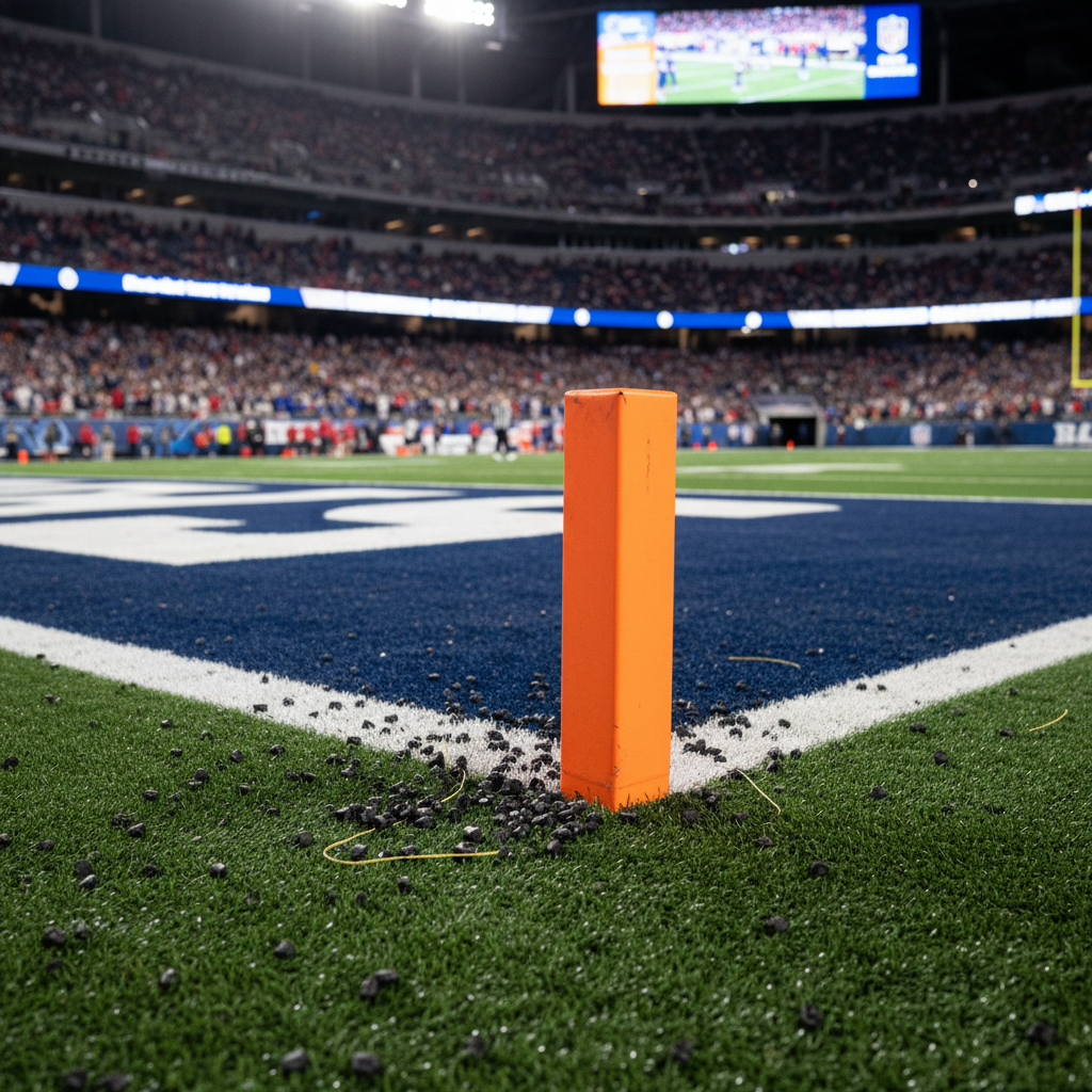 A dramatic, photographic realism sideline-level view of an intense NFL game moment captured without showing any players. The focus is on a slightly displaced orange pylon at the front corner of the end zone, leaning from recent contact, with turf pellets scattered around its base. The end zone paint is vivid and non-branded, with crisp white boundary lines cutting through rich green artificial turf. Stadium lights bathe the scene in bright, even illumination, creating sharp, energetic contrasts and small specular highlights on the rubber infill. The background shows blurred, towering stands and a large video board out of focus. The composition uses a low-angle, rule-of-thirds framing, conveying speed, precision, and the fine margins that are often at the heart of NFL statistics and game-changing plays.