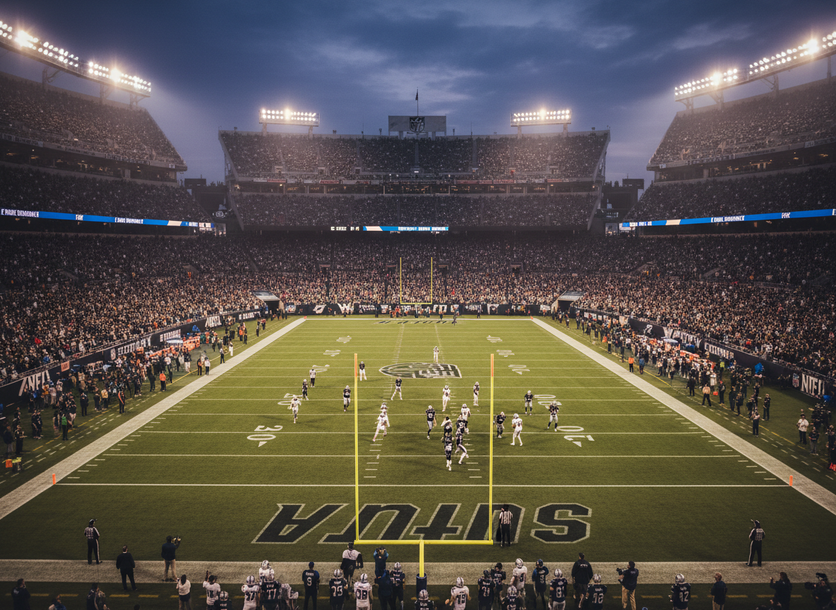 Professional wide-angle photograph of an NFL stadium at dusk under floodlights, packed stands, crisp green field with yard lines visible, players in action mid-play.